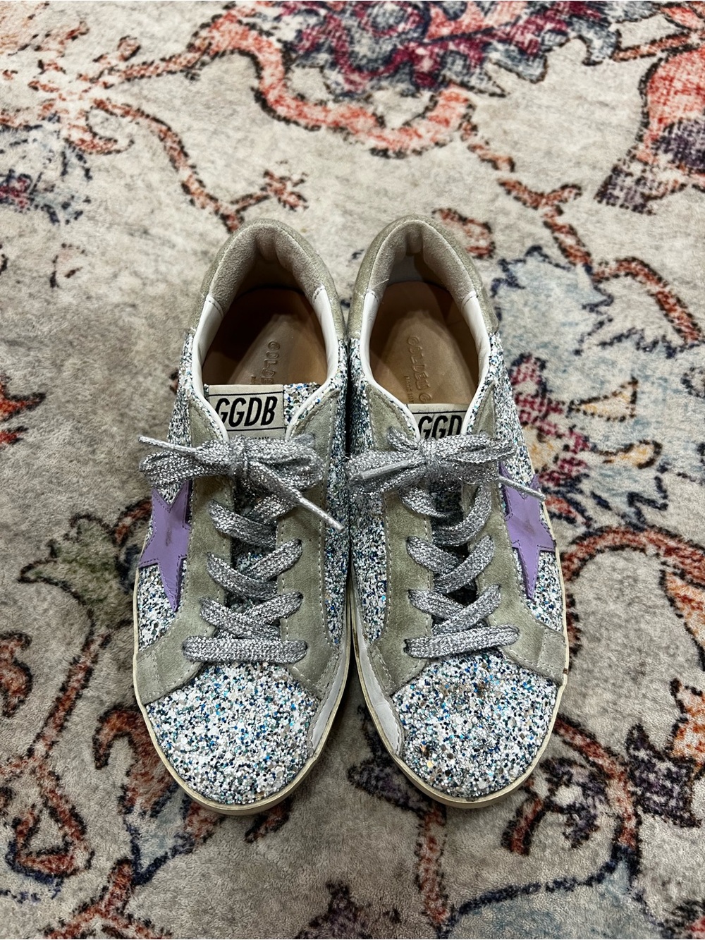 Golden Goose Kids Silver Glitter Sneakers with Lavender Star Accents